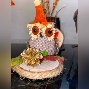 Hand made owl and pine cone decoration on small round wood